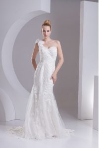 Mermaid One Shoulder Sleeveless Lace Brush Train Zipper Wedding Dress in White with Lace and Appliques