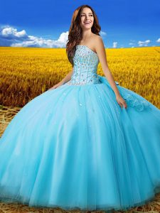 Aqua Blue Tulle Lace Up Strapless Sleeveless Floor Length Quince Ball Gowns Beading and Bowknot