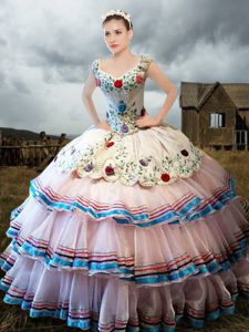 White Ball Gown Prom Dress Military Ball and Sweet 16 and Quinceanera and For with Embroidery and Ruffled Layers Straps 