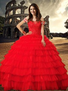Off the Shoulder Red Lace Up Quince Ball Gowns Beading and Ruffled Layers Sleeveless With Train Chapel Train