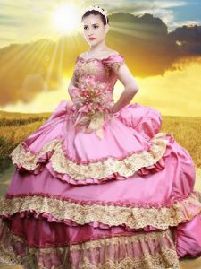 Sumptuous Off the Shoulder Taffeta Sleeveless Floor Length Sweet 16 Quinceanera Dress and Lace and Appliques and Pick Up