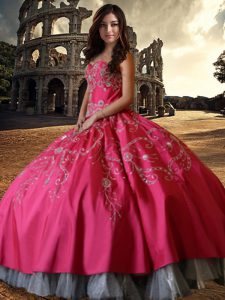 Hot Pink Ball Gowns Beading and Embroidery Quinceanera Dresses Lace Up Taffeta Sleeveless Floor Length