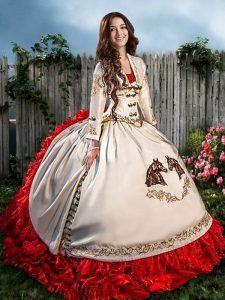 Enchanting Brush Train Ball Gowns 15th Birthday Dress White And Red Sweetheart Organza and Taffeta Sleeveless With Train
