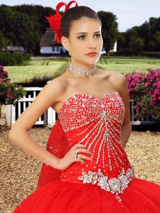 Admirable With Train Red Ball Gown Prom Dress Tulle Watteau Train Sleeveless Beading and Lace