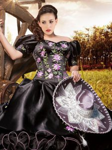 Captivating Ball Gowns Sweet 16 Dress Black Off The Shoulder Organza and Taffeta Short Sleeves Floor Length Lace Up