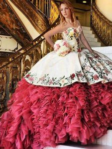 With Train Lace Up Sweet 16 Dresses White and Red for Military Ball and Sweet 16 and Quinceanera with Embroidery and Ruf