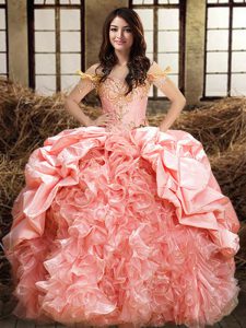 Attractive Organza and Taffeta Off The Shoulder Sleeveless Lace Up Beading and Ruffles and Pick Ups Sweet 16 Dress in Pi
