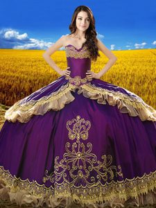 Customized Purple Ball Gowns Beading and Embroidery Quinceanera Gown Lace Up Taffeta Sleeveless Floor Length