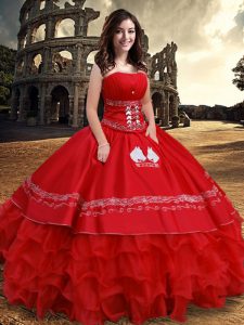 Popular Red Vestidos de Quinceanera Military Ball and Sweet 16 and Quinceanera and For with Embroidery and Ruffled Layer