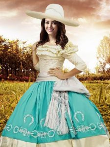 High Quality Off the Shoulder Taffeta Half Sleeves Floor Length Quinceanera Dress and Embroidery and Ruffled Layers and 