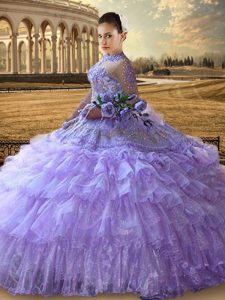 Most Popular Lavender Long Sleeves Beading and Embroidery and Ruffled Layers Floor Length Quinceanera Dresses
