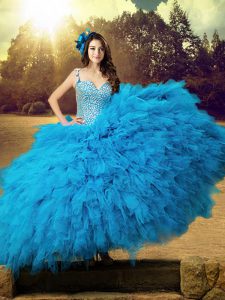 Baby Blue Tulle Lace Up Straps Sleeveless Floor Length Sweet 16 Dress Beading and Ruffles