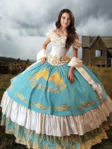 Glamorous Blue And White Lace Up Off The Shoulder Lace and Embroidery and Ruffled Layers Quinceanera Gown Taffeta Short 
