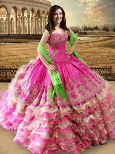 Hot Pink Organza and Taffeta Lace Up Sweetheart Sleeveless Floor Length Quinceanera Gowns Beading and Embroidery and Ruf