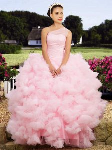 Romantic One Shoulder Sleeveless Tulle Quinceanera Gown Beading Lace Up