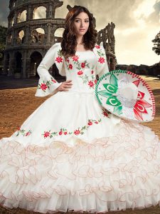 Strapless Sleeveless Vestidos de Quinceanera Floor Length Embroidery and Ruffles White Organza and Taffeta