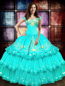 Off the Shoulder Turquoise Ball Gowns Embroidery and Ruffled Layers Quinceanera Dress Lace Up Organza Sleeveless Floor L