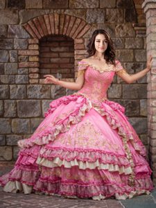Off the Shoulder Floor Length Rose Pink Quince Ball Gowns Taffeta Sleeveless Beading and Embroidery and Ruffled Layers