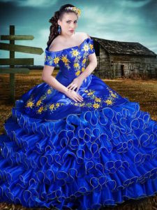 Royal Blue Ball Gowns Off The Shoulder Short Sleeves Organza Floor Length Lace Up Embroidery and Ruffled Layers Quincean