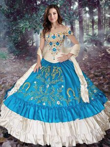 Off the Shoulder Embroidery and Ruffled Layers Vestidos de Quinceanera Teal Lace Up Cap Sleeves