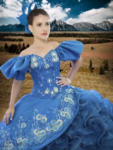 Edgy Off the Shoulder Blue Short Sleeves Floor Length Appliques and Ruffles Lace Up Ball Gown Prom Dress