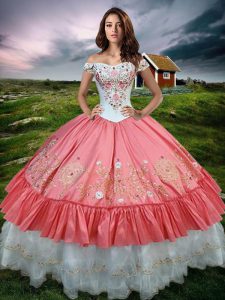 Sweet Off the Shoulder Sleeveless Lace Up Floor Length Embroidery and Ruffled Layers Sweet 16 Dress