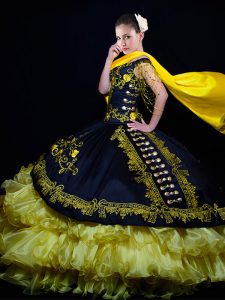 Excellent Black Organza and Taffeta Lace Up Off The Shoulder Sleeveless Floor Length 15th Birthday Dress Beading and Emb