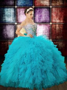 Sequins Ball Gowns Quinceanera Dress Aqua Blue Off The Shoulder Tulle Sleeveless Floor Length Zipper