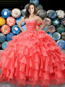 Captivating Coral Red Quinceanera Gown Military Ball and Sweet 16 and Quinceanera and For with Beading and Ruffles Sweet