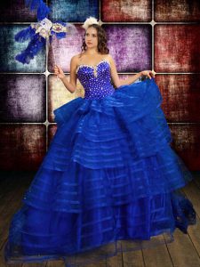 Sweetheart Sleeveless Organza Quince Ball Gowns Beading and Ruffled Layers Lace Up