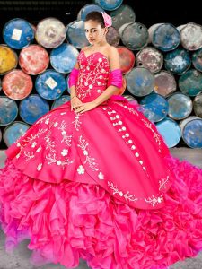 With Train Hot Pink Ball Gown Prom Dress Organza and Taffeta Brush Train Sleeveless Beading and Embroidery and Ruffles