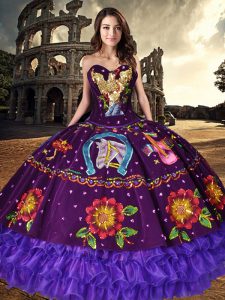 Purple Sleeveless Floor Length Embroidery and Ruffled Layers Lace Up 15 Quinceanera Dress