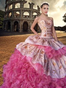 Trendy Sleeveless Organza With Train Court Train Lace Up Quinceanera Gowns in Pink And White with Embroidery and Ruffles