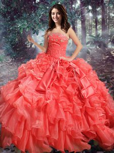 Fabulous Coral Red Sleeveless Floor Length Beading and Ruffles Lace Up Quinceanera Gowns