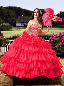 Beading and Ruffled Layers Quince Ball Gowns Coral Red Lace Up Sleeveless Floor Length