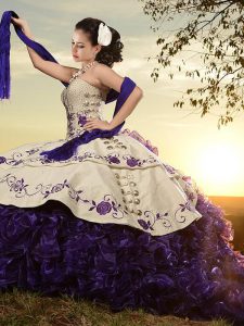 Sleeveless Organza and Taffeta With Brush Train Lace Up 15 Quinceanera Dress in White And Purple with Embroidery and Ruf