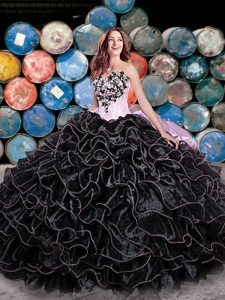 Gorgeous Sleeveless Organza Floor Length Lace Up Quinceanera Gown in Black with Beading and Ruffles and Pick Ups