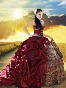 Lovely Sweetheart Sleeveless Quince Ball Gowns With Train Court Train Beading and Ruffled Layers and Pick Ups Burgundy T
