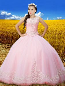 Beautiful Scoop Baby Pink Sleeveless Tulle Lace Up Quinceanera Gowns for Military Ball and Sweet 16 and Quinceanera