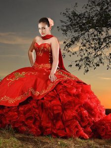 Red Organza and Taffeta Lace Up Sweetheart Sleeveless With Train Sweet 16 Quinceanera Dress Brush Train Embroidery and R