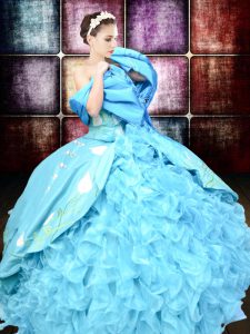 Spectacular Floor Length Lace Up Sweet 16 Dresses Baby Blue for Military Ball and Sweet 16 and Quinceanera with Embroide