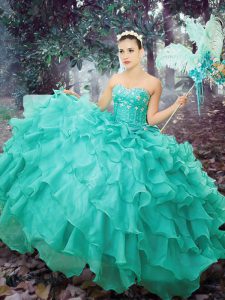 Turquoise Organza Lace Up Ball Gown Prom Dress Sleeveless Floor Length Beading and Ruffled Layers