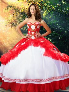 White And Red Lace Up Sweetheart Embroidery and Ruffles Sweet 16 Dresses Organza and Taffeta Sleeveless