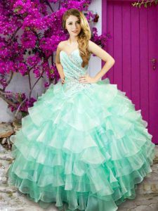 Cheap Apple Green Organza Lace Up Sweetheart Sleeveless Floor Length Sweet 16 Dresses Beading and Ruffled Layers