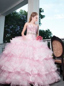 Hot Sale Baby Pink Sleeveless Floor Length Beading and Ruffled Layers Lace Up 15 Quinceanera Dress