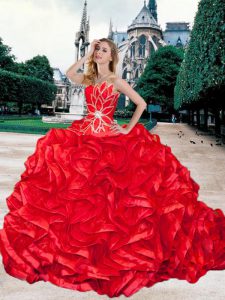 Enchanting Ball Gowns Sleeveless Red Quinceanera Gowns Brush Train Lace Up