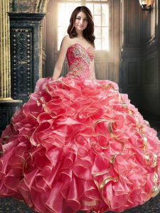 Charming Watermelon Red Sleeveless Beading and Ruffles Floor Length 15th Birthday Dress
