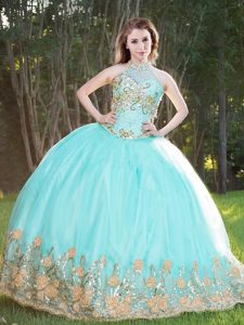 Halter Top Sleeveless Lace Up 15 Quinceanera Dress Aqua Blue Tulle