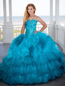 Teal Sleeveless Floor Length Beading and Ruffled Layers and Hand Made Flower Lace Up Quinceanera Gown