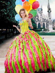 Multi-color Sleeveless Floor Length Lace and Ruffles Lace Up Quince Ball Gowns